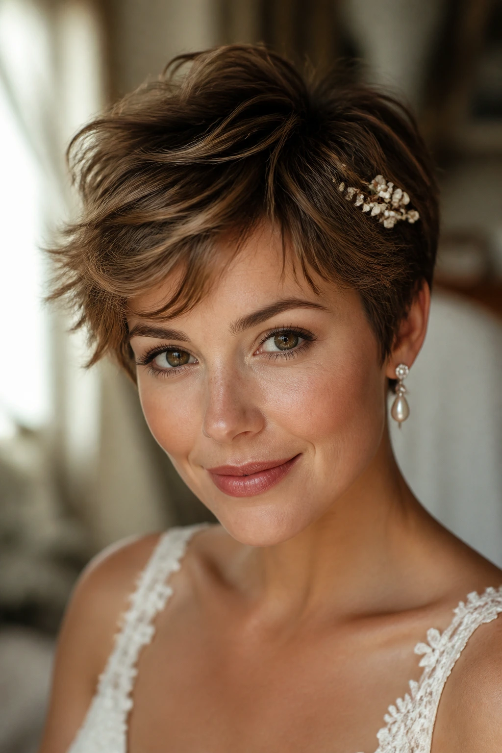 Close-up of a real bride with a tousled romantic pixie in warm bridal light