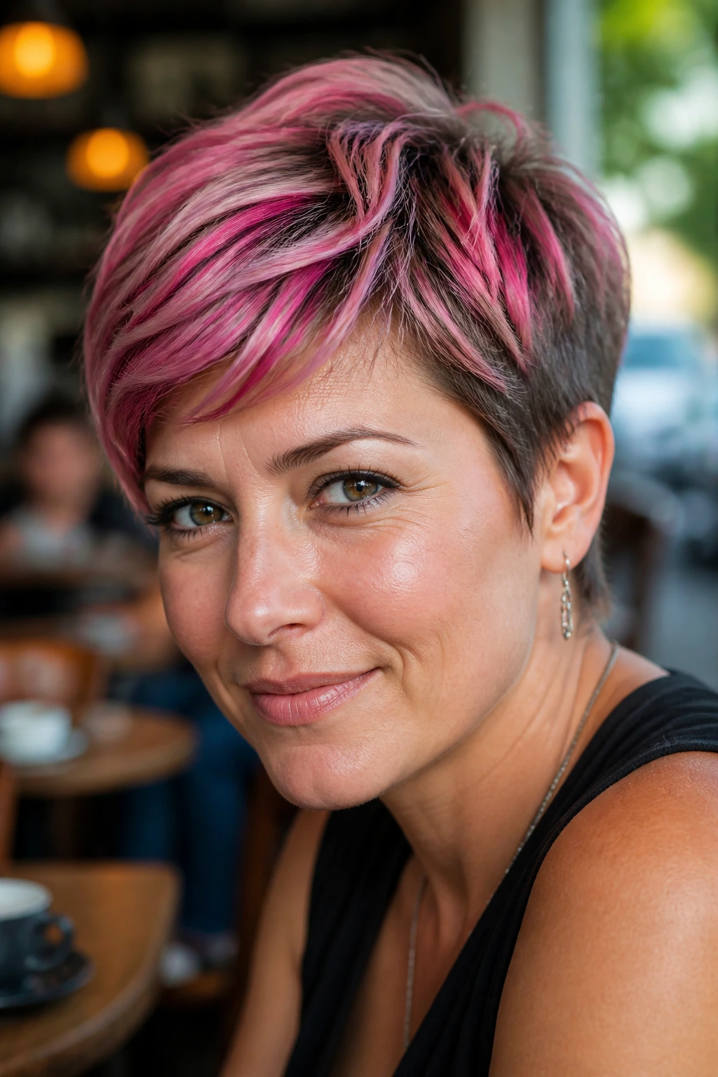 Close-up of a real woman with a bright color on top of a pixie cut around the fringe