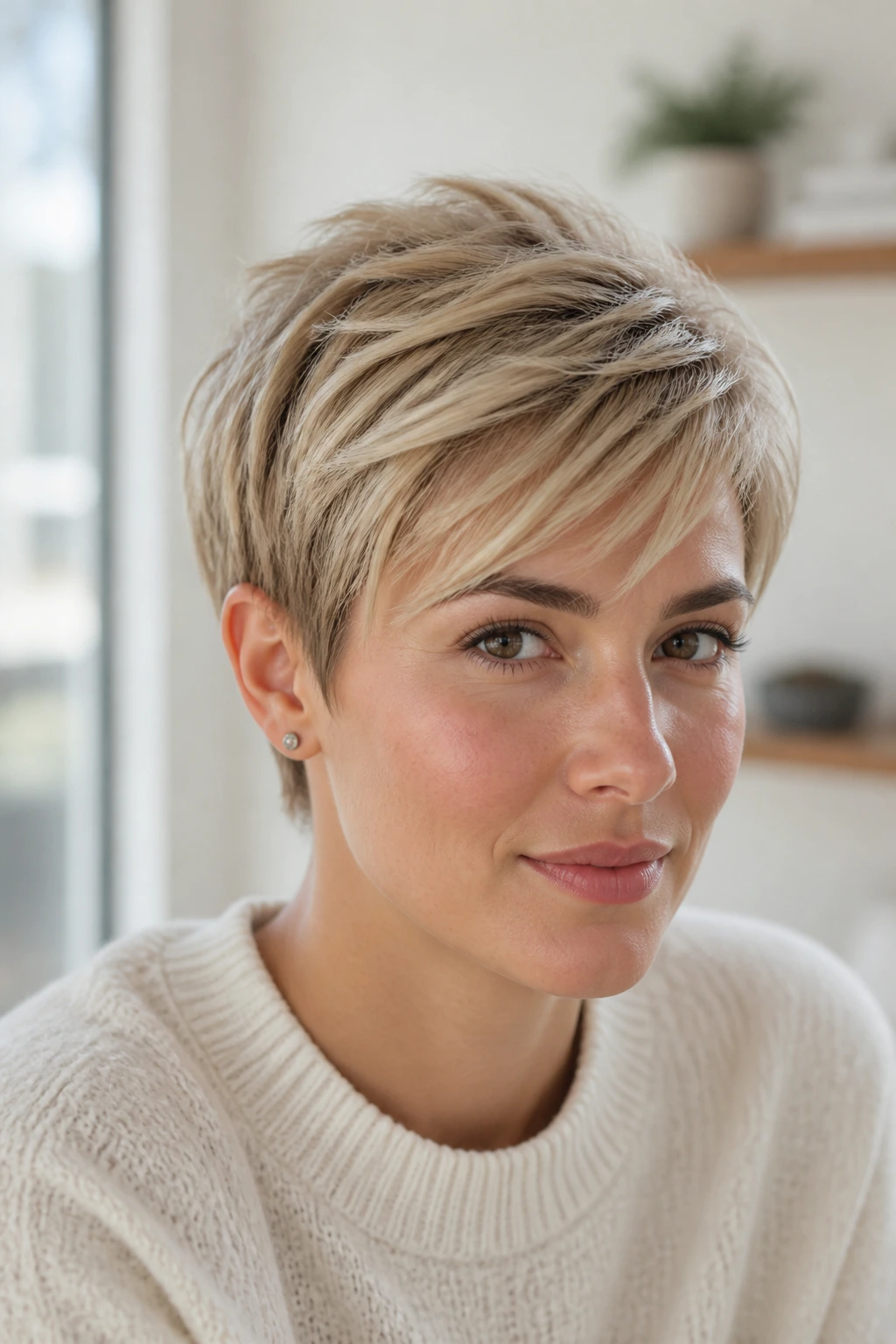 Portrait of a real woman with airy brushed-forward pixie in a sunlit room