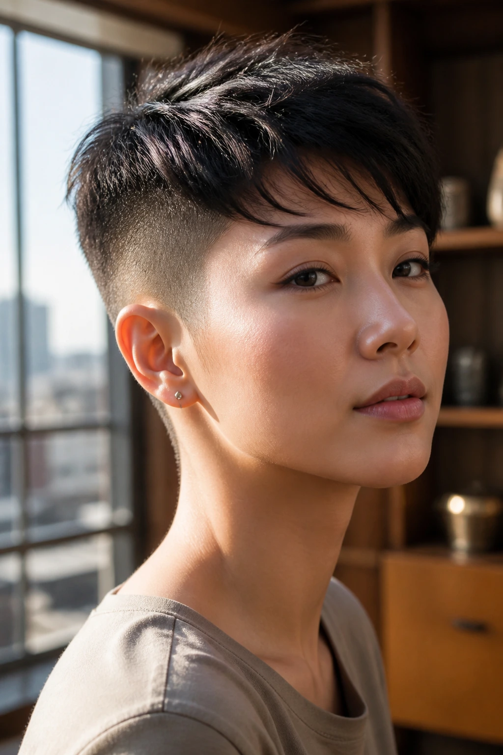Portrait of a person with a pixie-buzz hybrid hairstyle