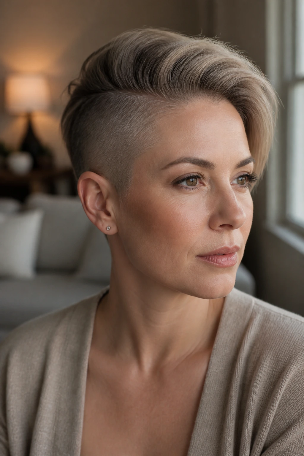 Close-up of a real woman with a buzzed-back pixie and long top.