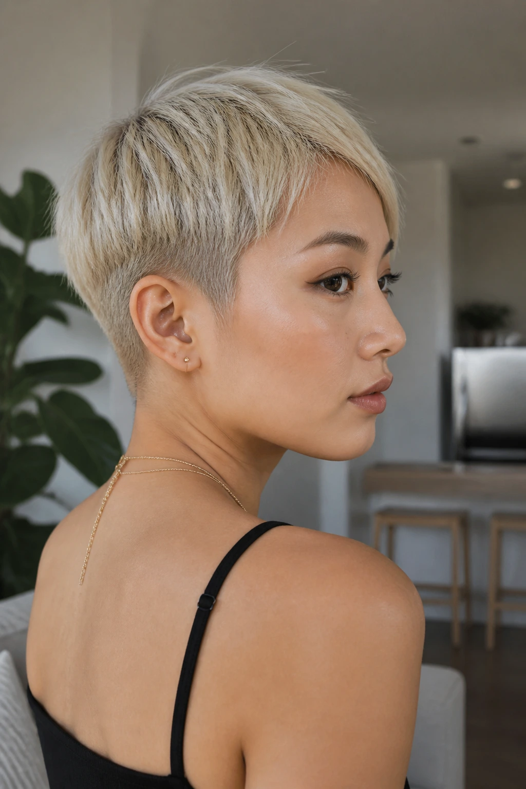 Close-up portrait of a real woman with a buzzed-nape pixie in Scandi blonde.