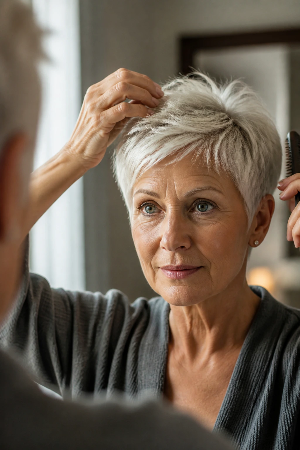 Close-up of a real person with a well-groomed pixie cut in morning light