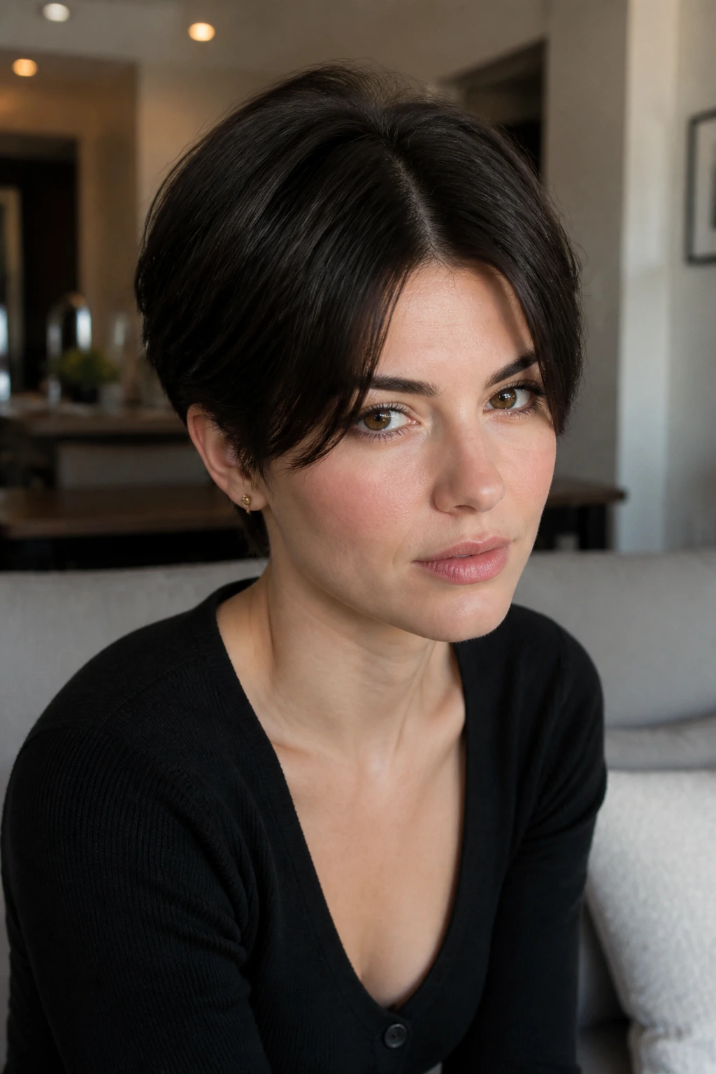 Close-up of a person with a center-part pixie and tapered sides