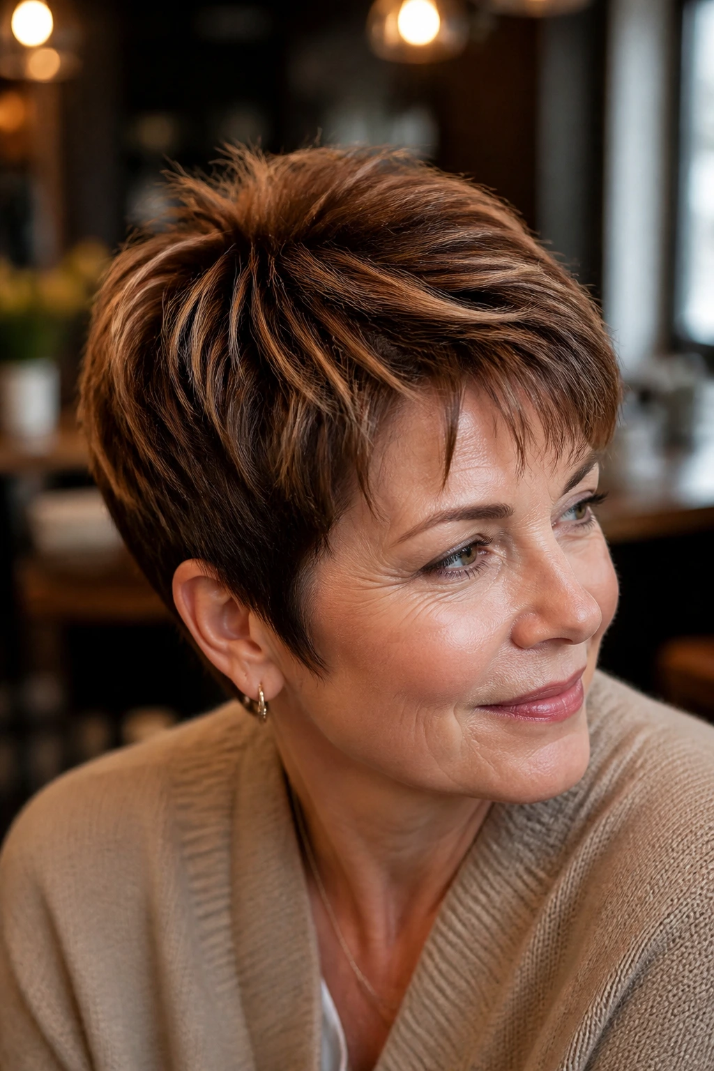 Close-up portrait of an older woman with chestnut brown pixie and piecey texture.