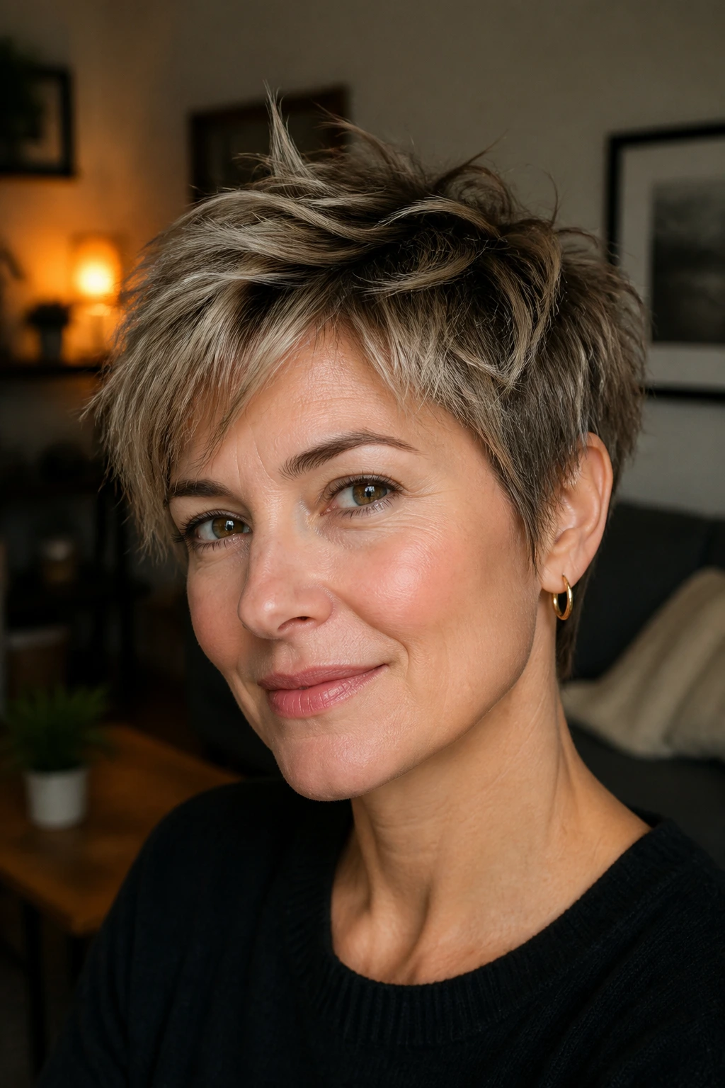 Close-up portrait of person with choppy layered pixie showing texture