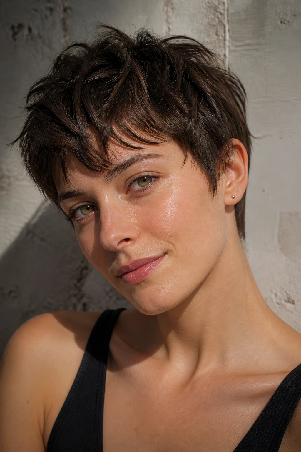 Close-up portrait of a real person with a choppy cropped pixie showing texture