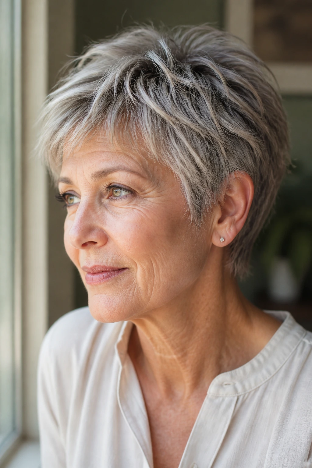 Close-up portrait of a real woman with a choppy textured pixie for fine hair