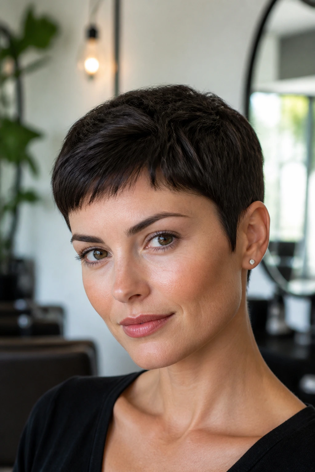 Close-up of a real person with ear-hugging classic pixie in a salon setting.