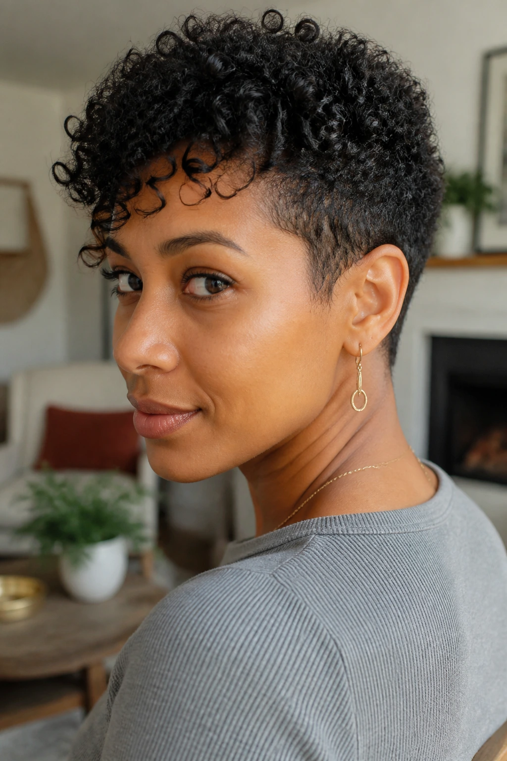 Close-up of a real person with a grown-out pixie and top coils in a cozy home setting.