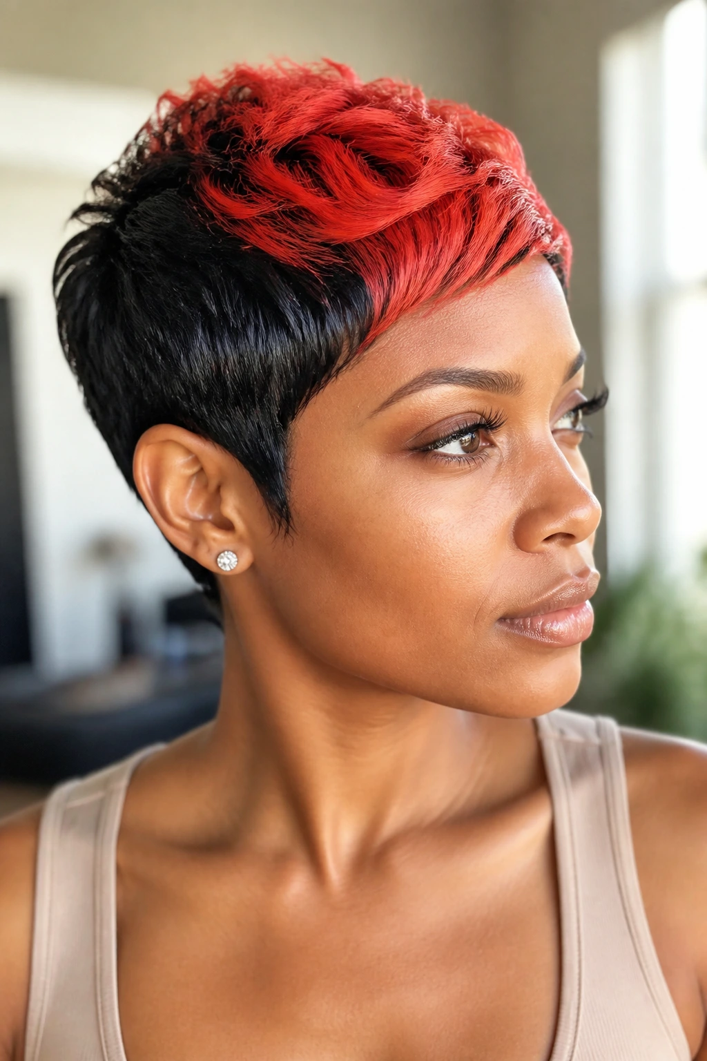 Color-blocked pixie cut on a real Black woman