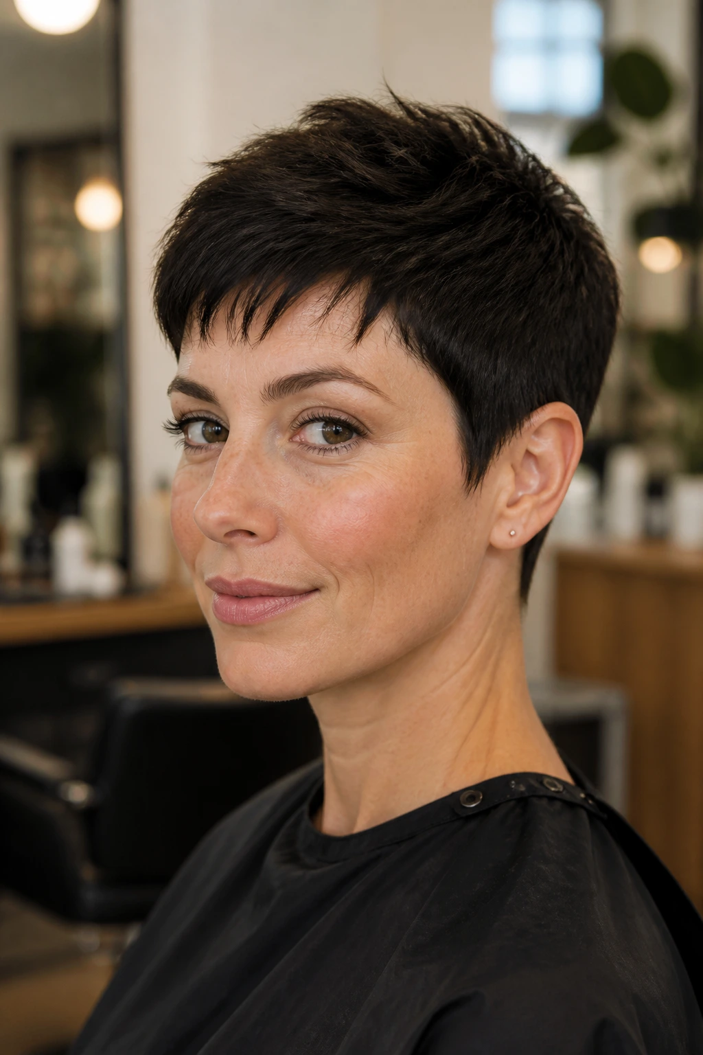 Portrait of a woman in a salon chair with a pixie cut and thoughtful expression.