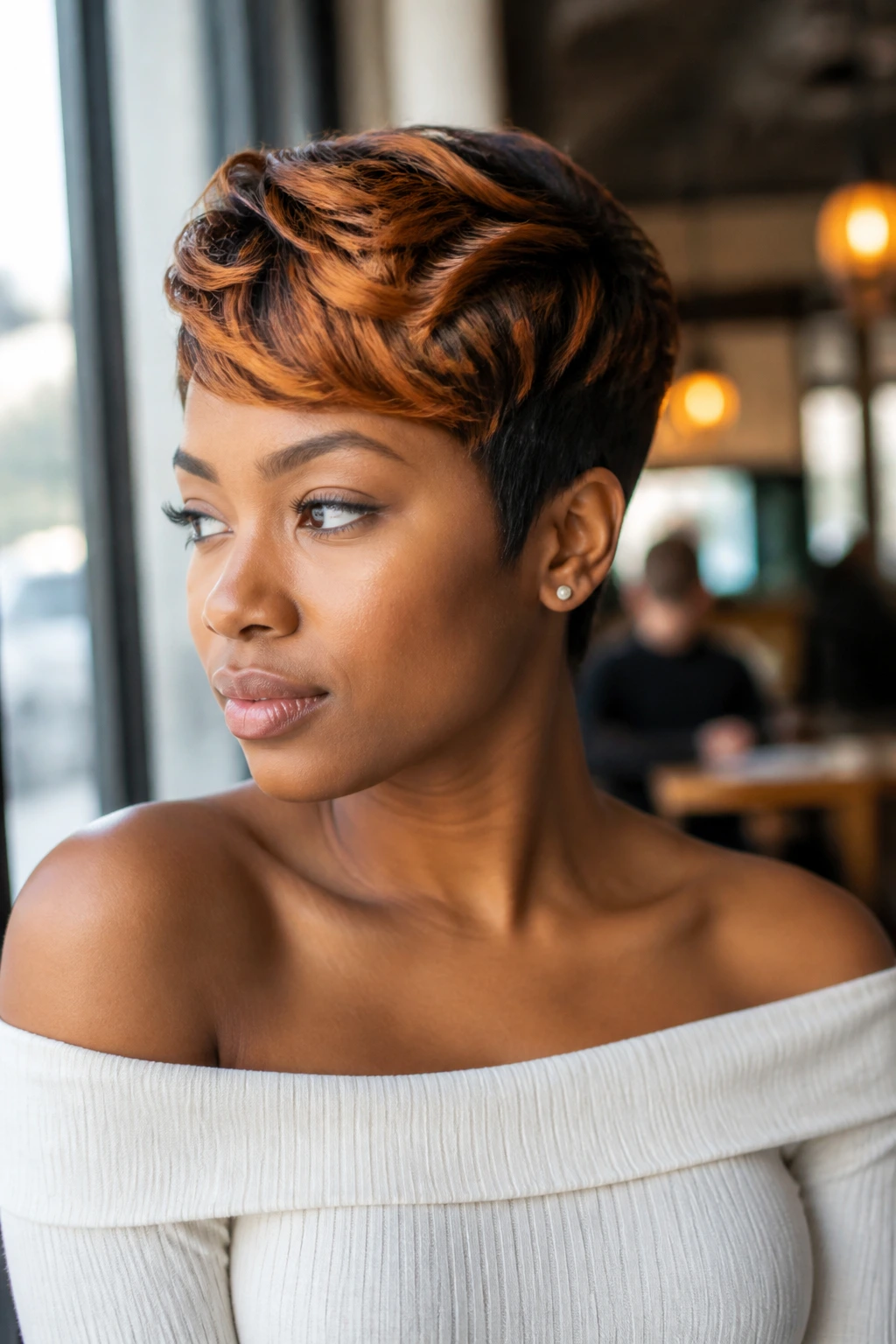Real Black woman with pixie cut and copper highlights in cafe window light