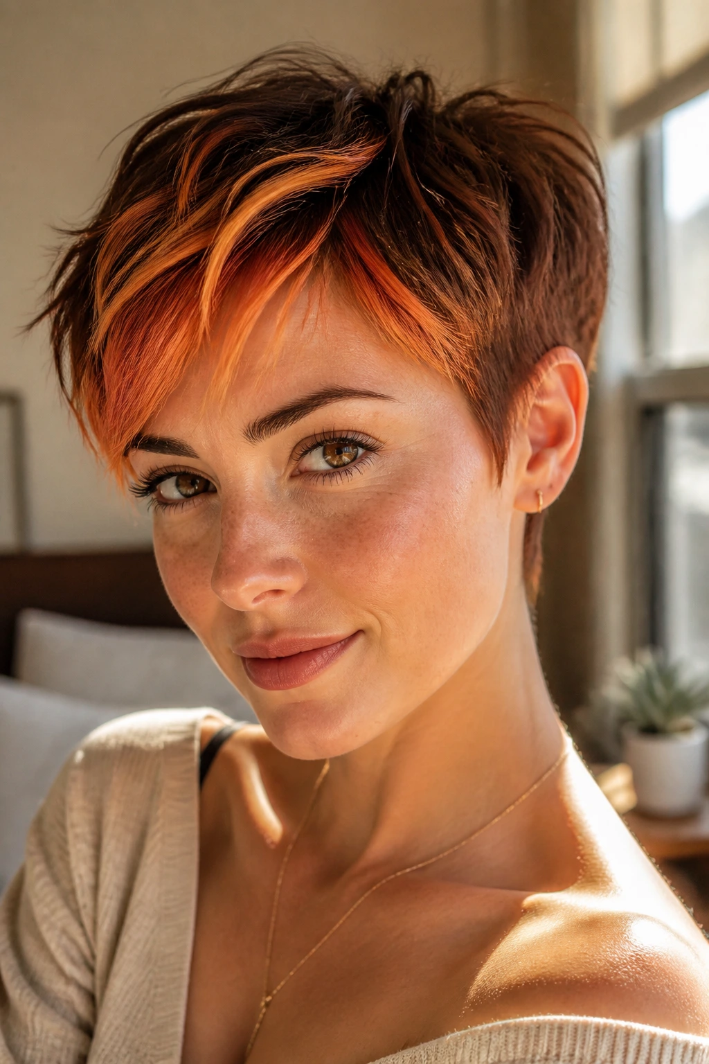 Close-up of a real woman with a copper money piece pixie haircut.