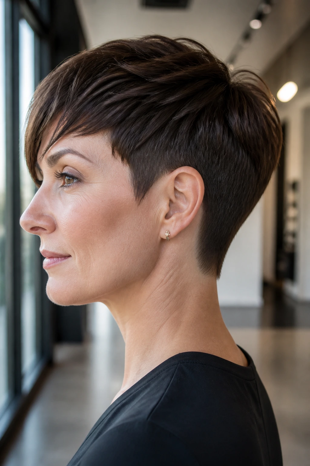 Close-up portrait of a woman with a crisp pixie on straight hair showing a defined silhouette
