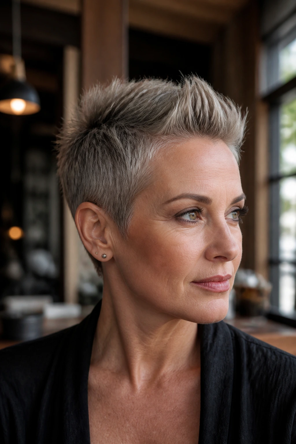 Real woman with pixie crop faux hawk in an urban chic setting