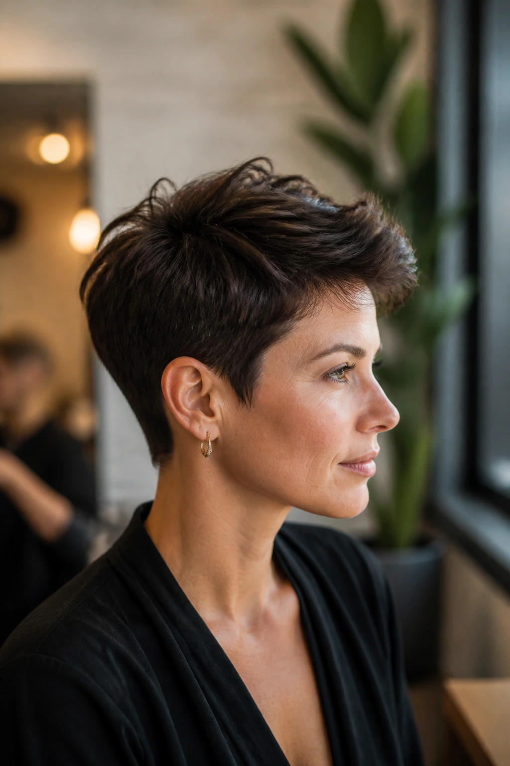 Close-up portrait of a real woman with The Classic Pixie Crop hairstyle in a soft salon light.