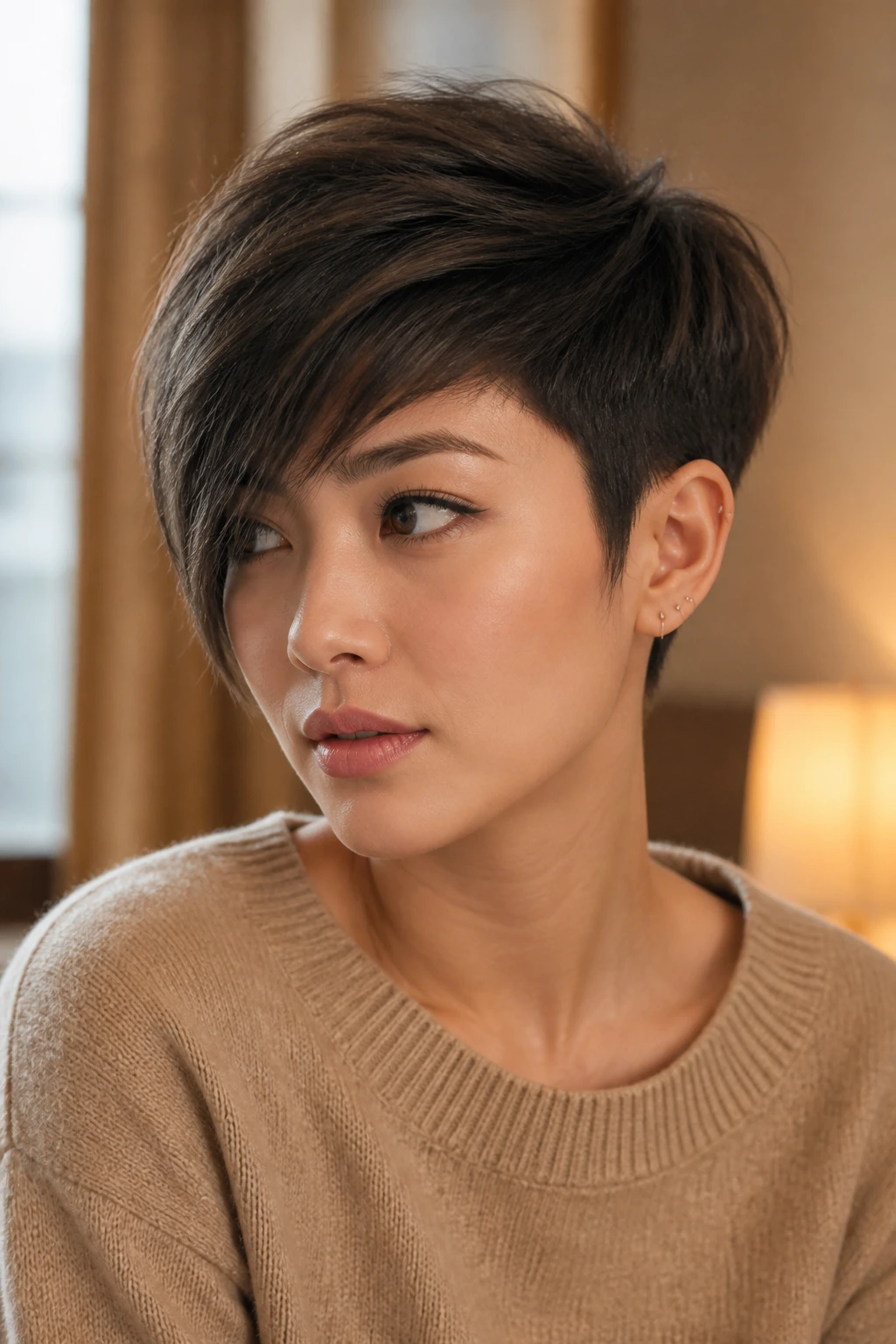 Close-up portrait of a real woman with a side-swept pixie crop.