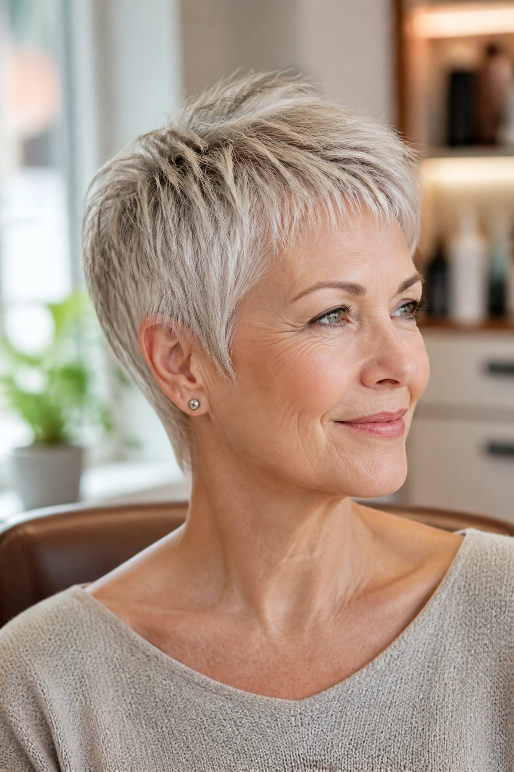 Close-up of real woman with crisp short haircut silhouette in a cozy salon setting