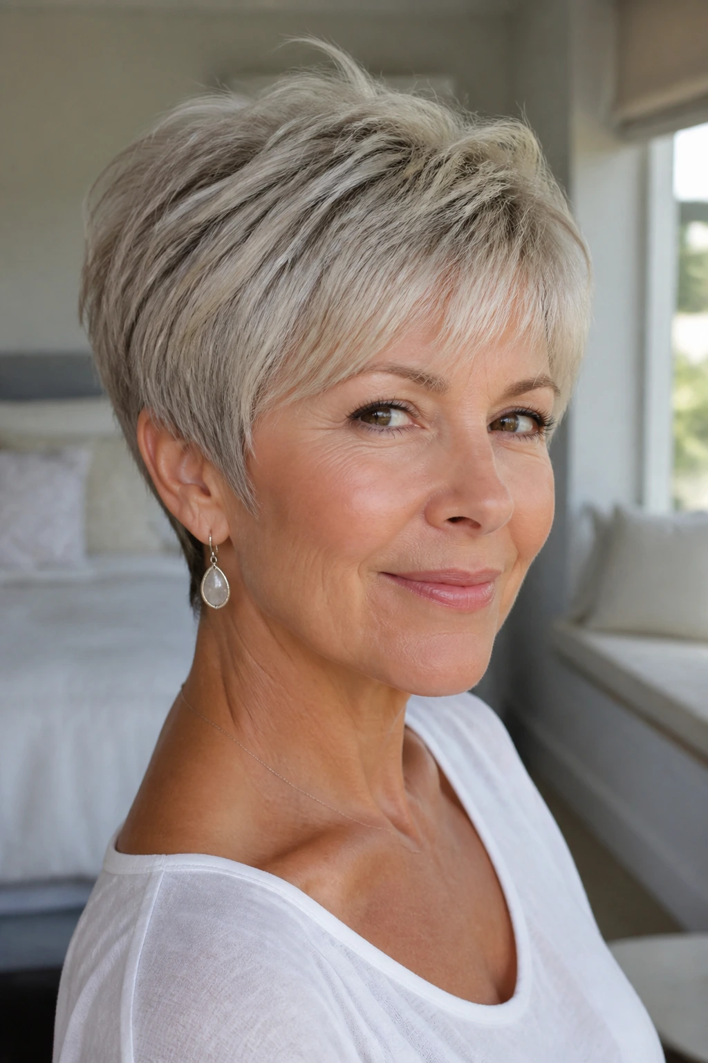 Close-up of a real woman with a feathered crown pixie, crown lift and feathered ends.