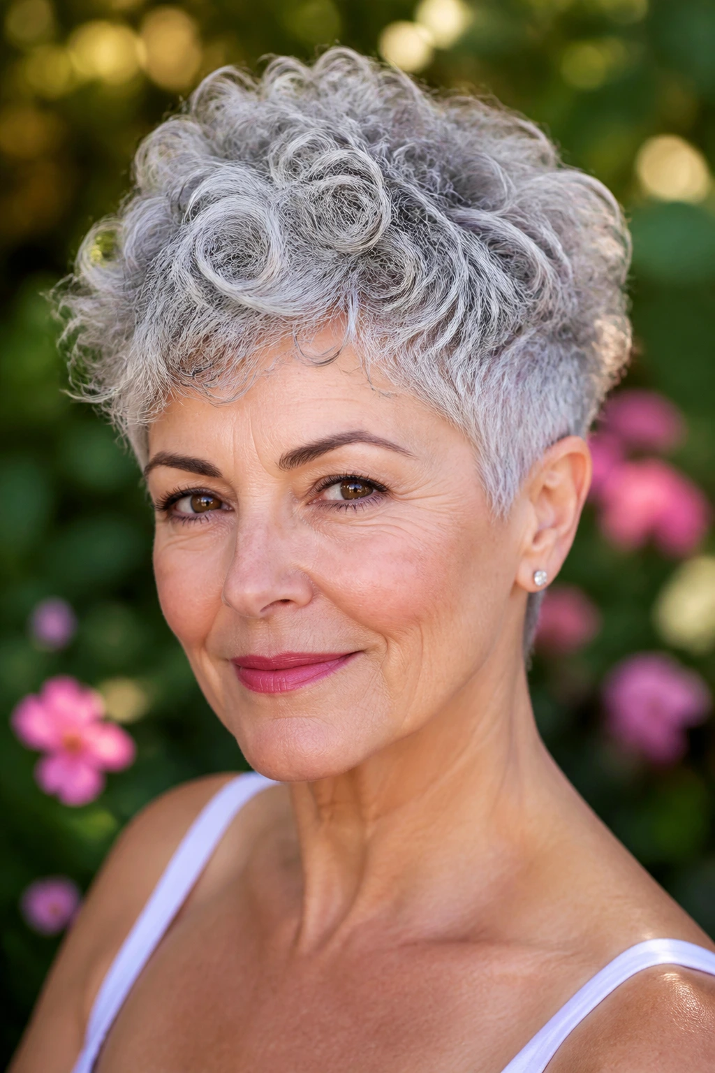 Close-up portrait of a real woman with a curly crown on gray pixie cut