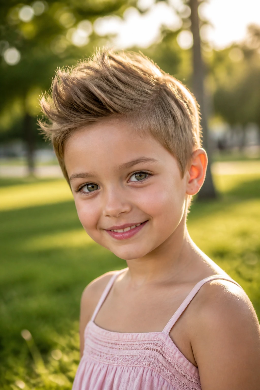 Three-quarter portrait of a child with crown-heavy pixie hairstyle in a park
