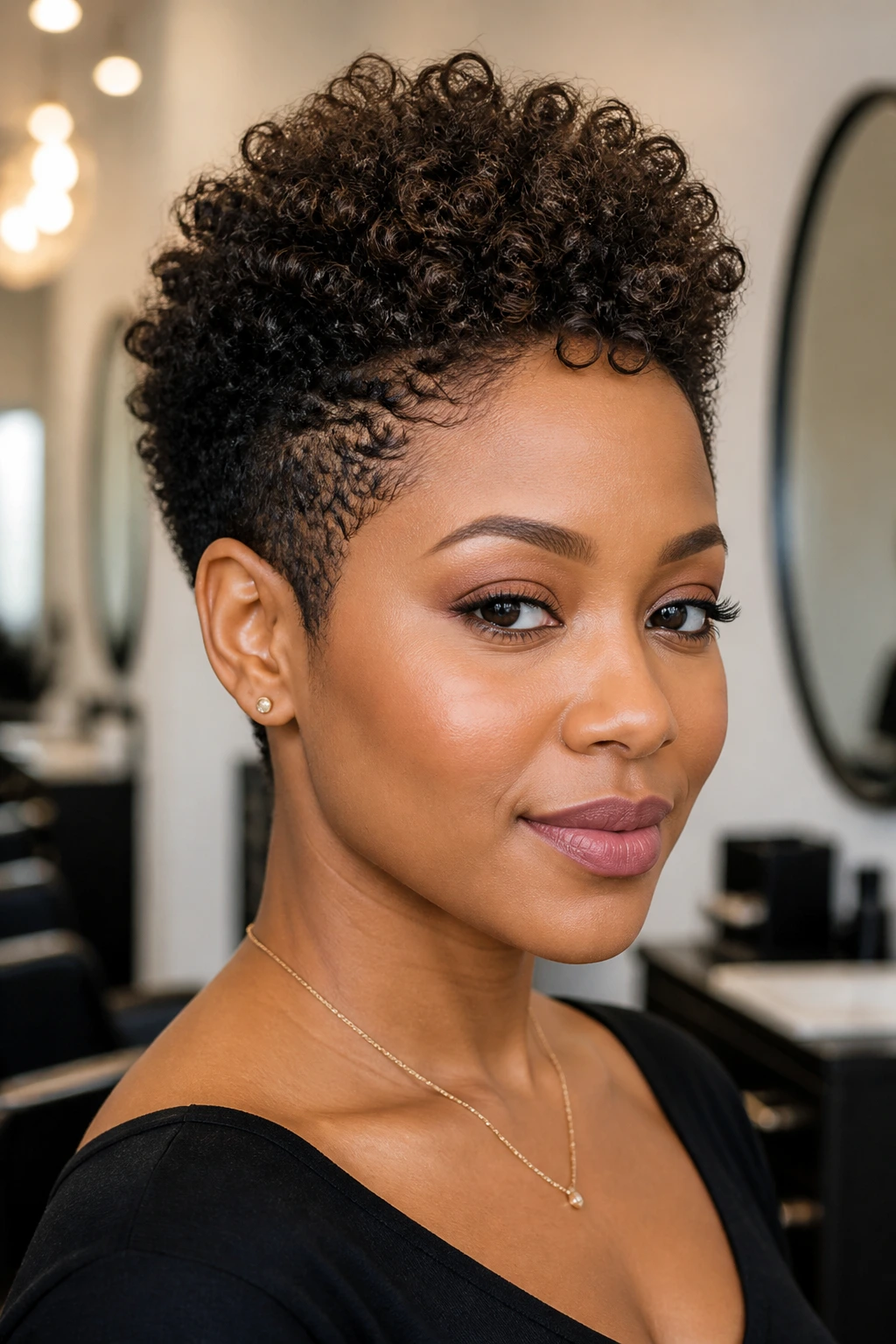 Close-up of a real person with a lifted crown pixie cut in a bright salon.