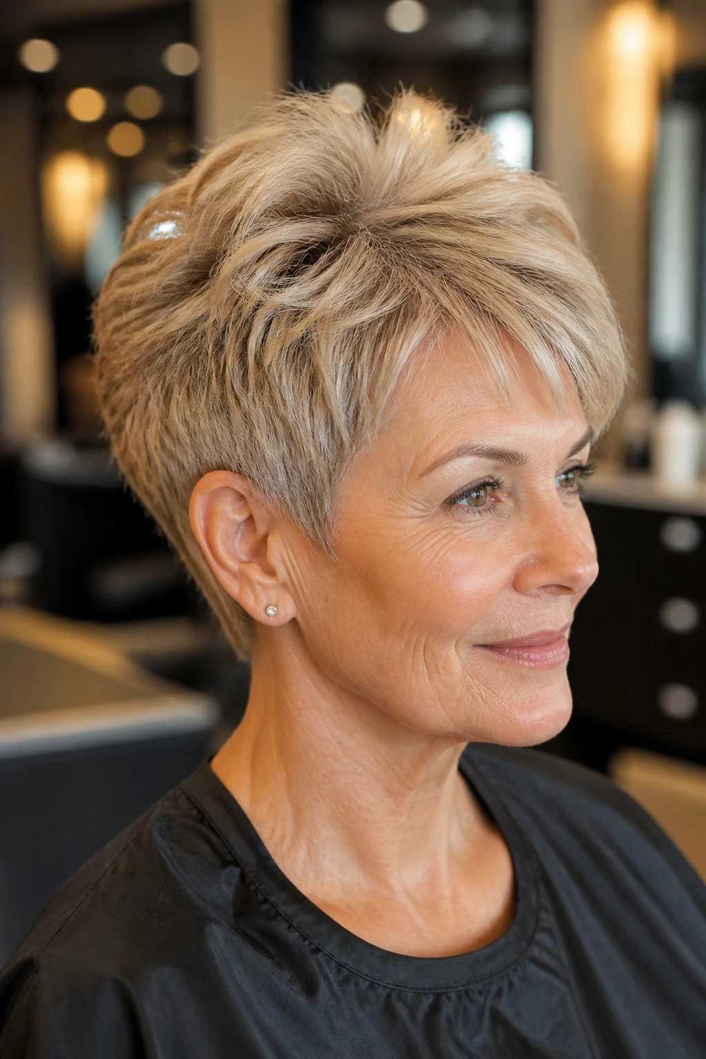 Close-up portrait of a woman with soft layered pixie crown lift in a stylish salon