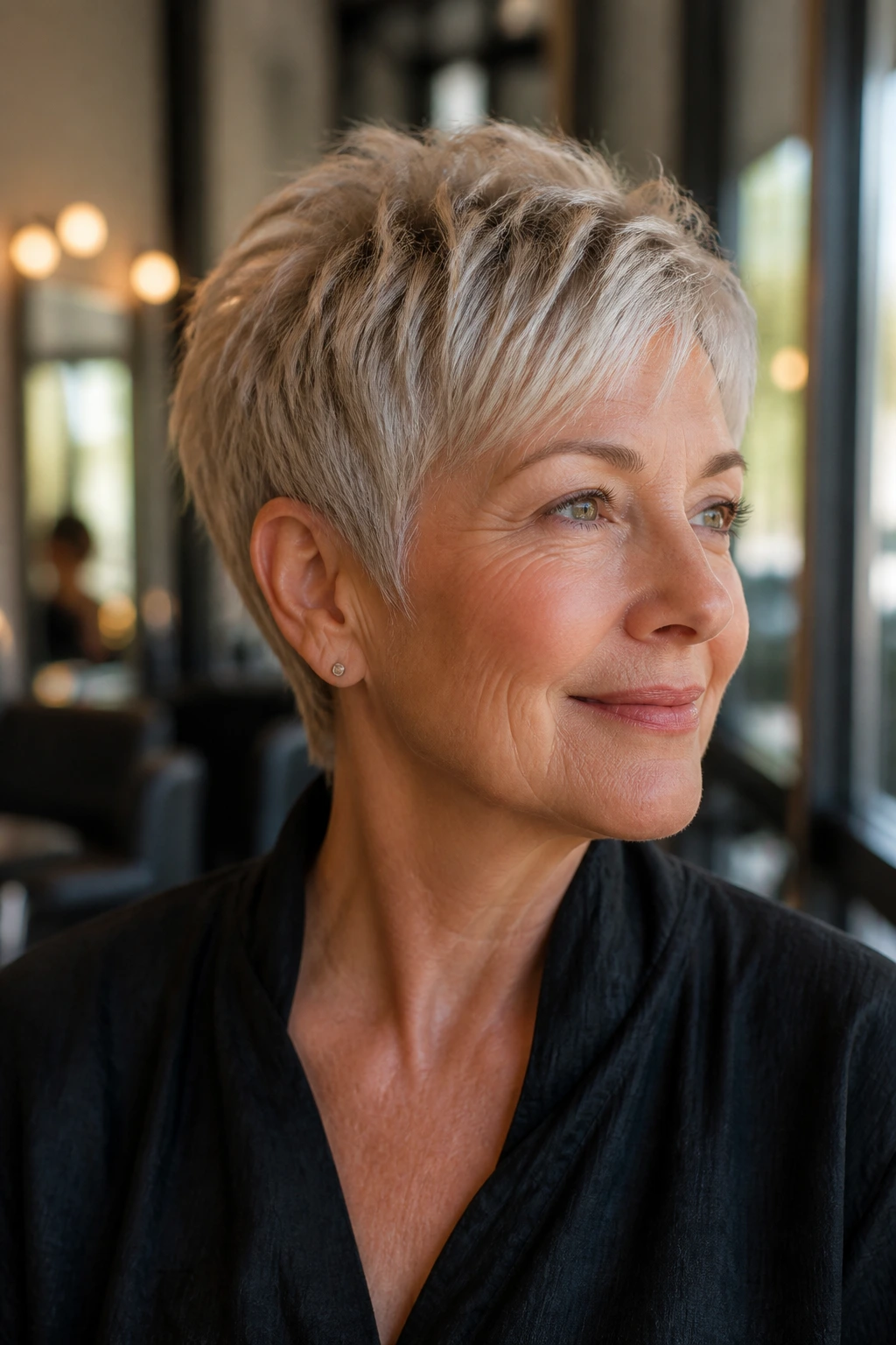Portrait of a real woman with a pixie cut showing crown lift and soft edges in a warm salon.
