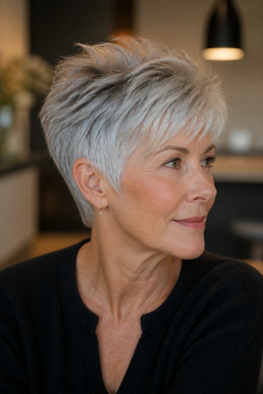 Portrait of an older woman with a feathered pixie and crown lift in soft light.