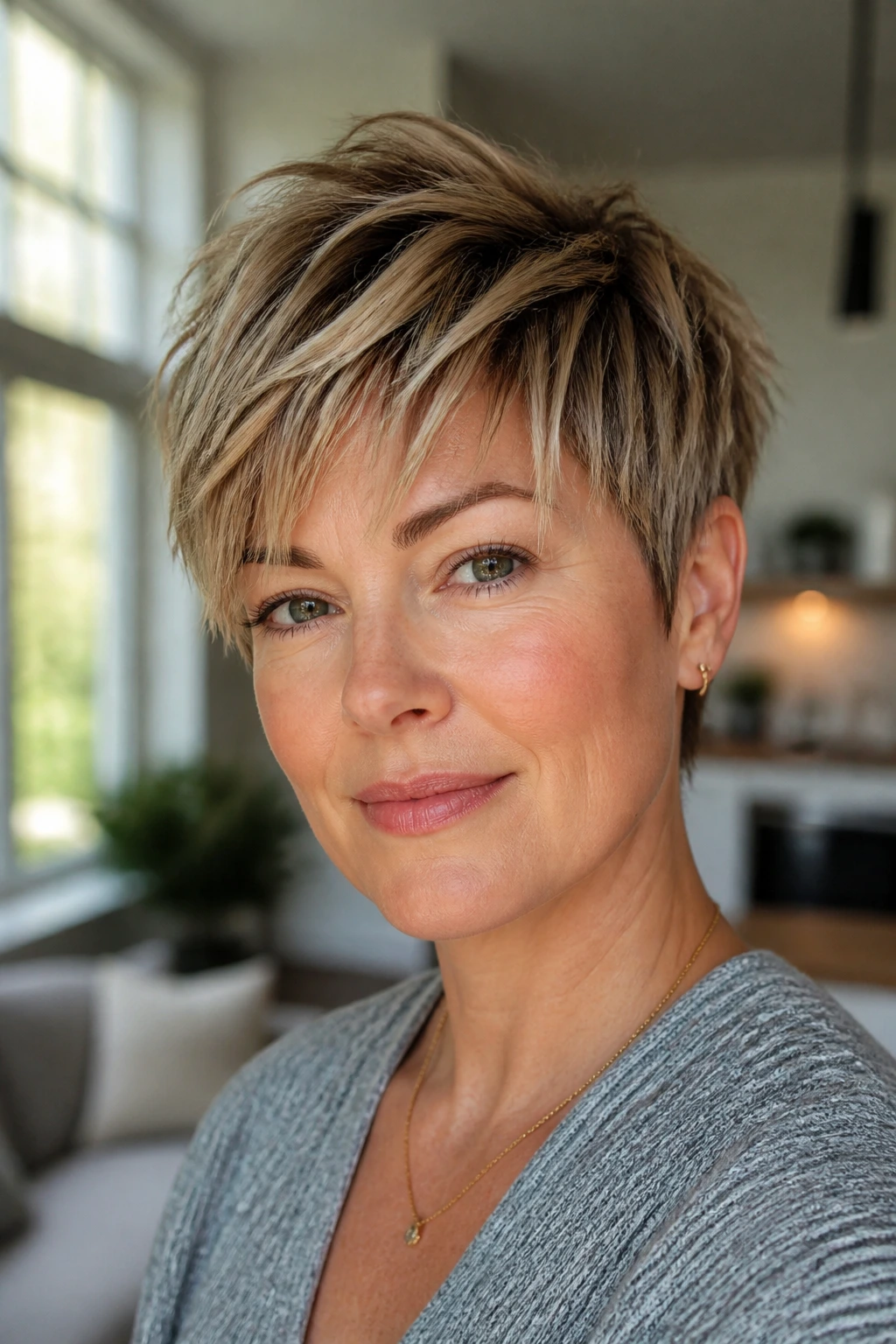 Close-up portrait of a woman with crown-lift pixie and piecey fringe