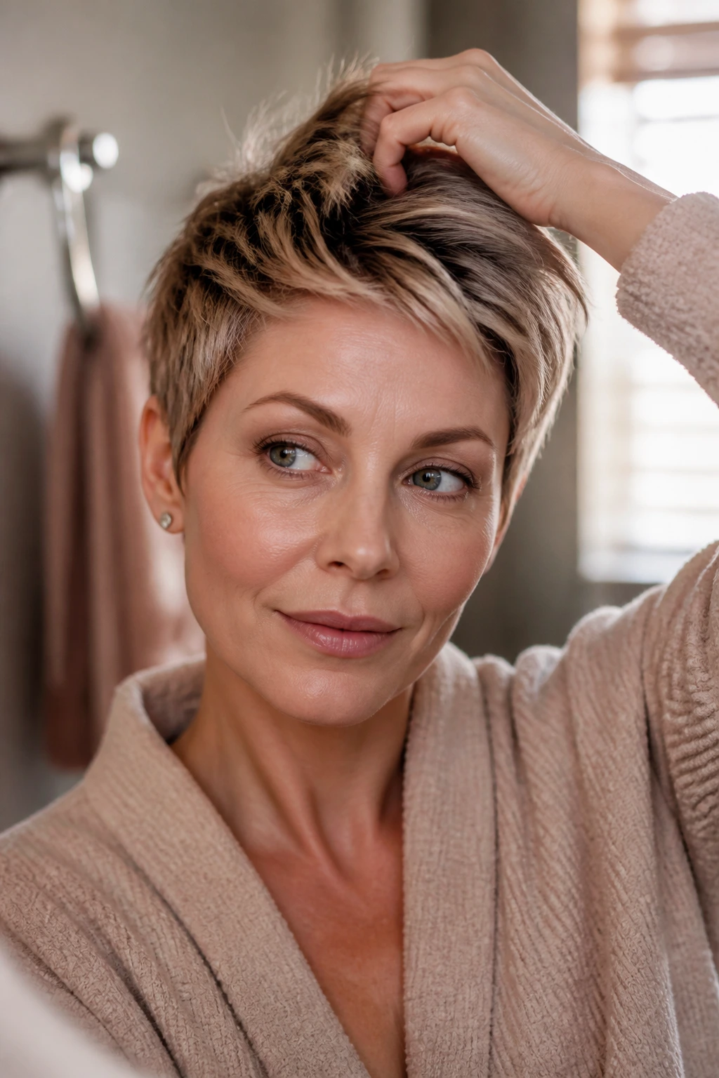Close-up portrait of a real woman with pixie cut showing crown lift.