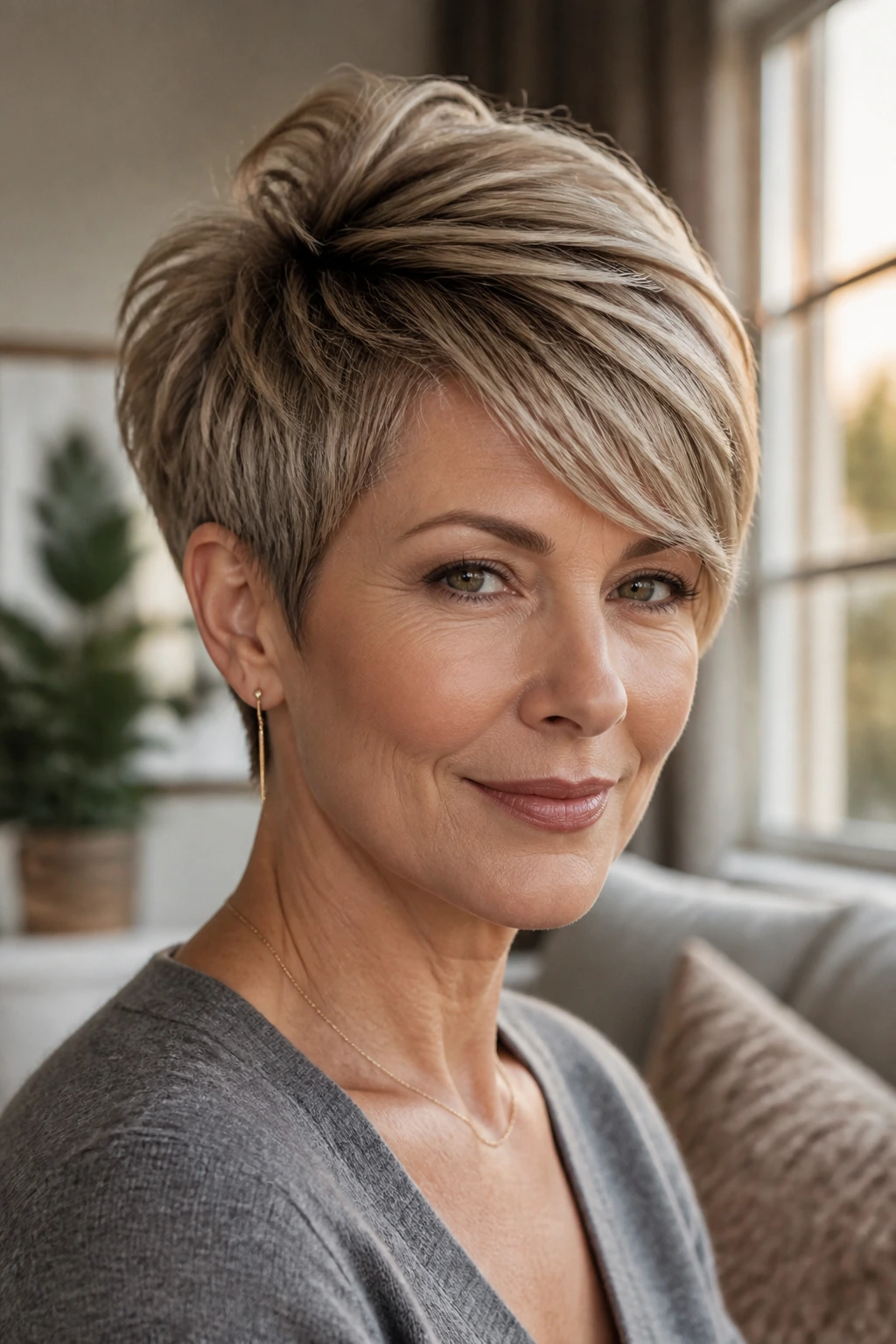 Portrait of a real woman with a pixie haircut featuring crown lift and tapered sides in warm window light.