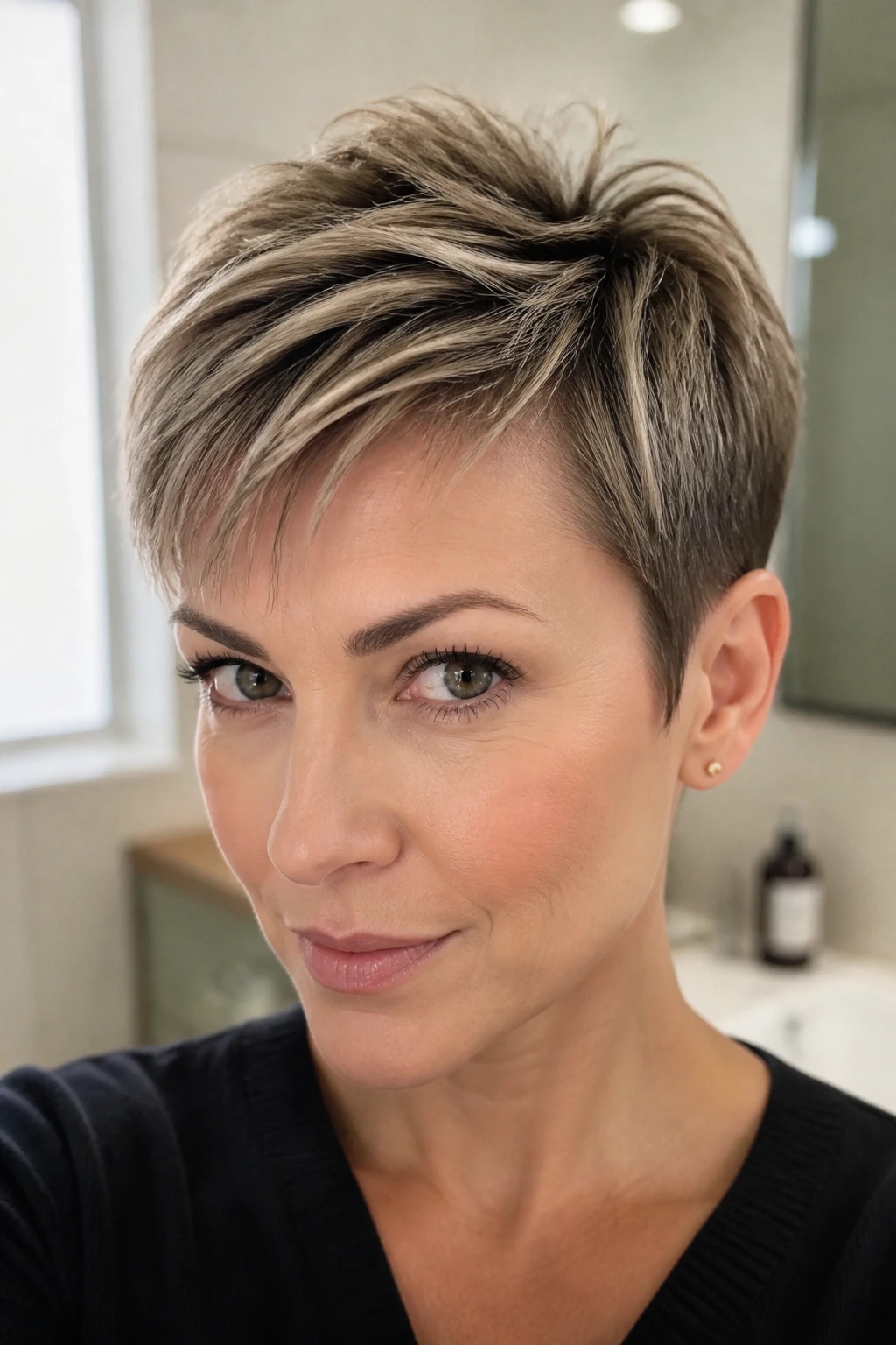 Close-up of a real woman with a textured crown pixie and sleek sides in a softly lit bathroom.