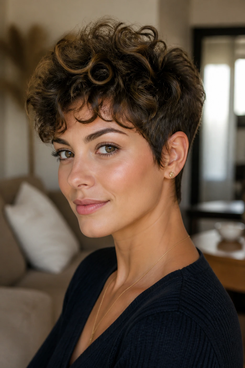 Portrait of a person with a crown-volume pixie showing elevated top hair and shorter sides