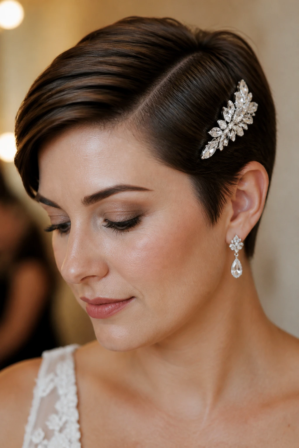 Close-up of a pixie haircut with a crystal barrette on a real bride