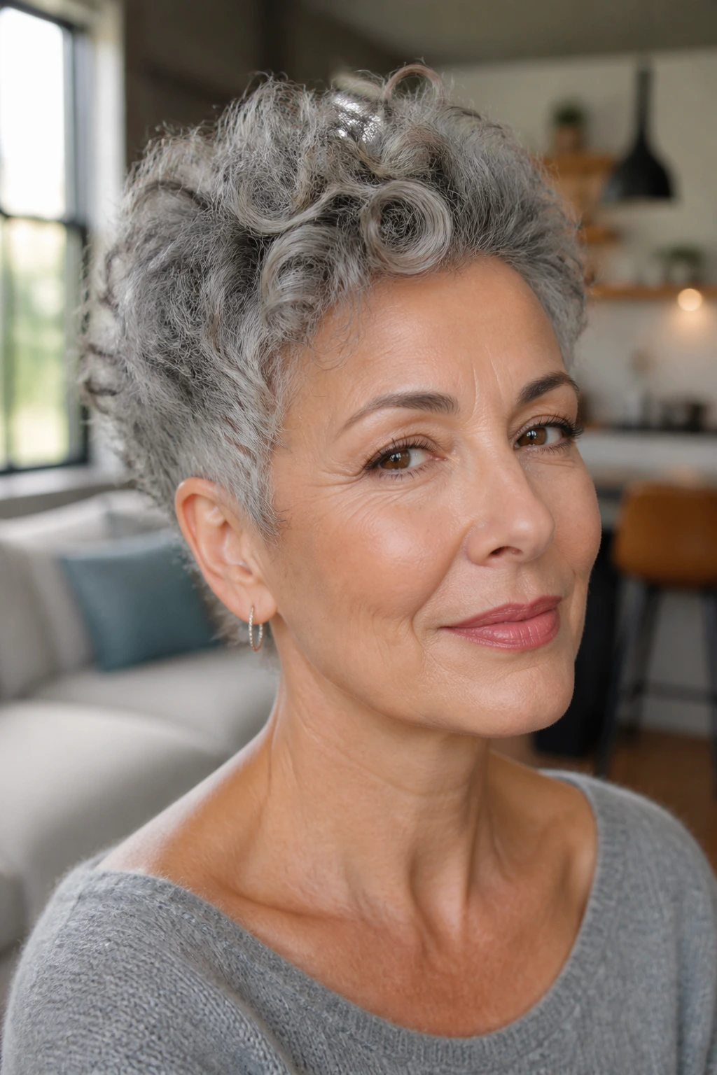 Close-up of a woman with a curly pixie and crown lift.