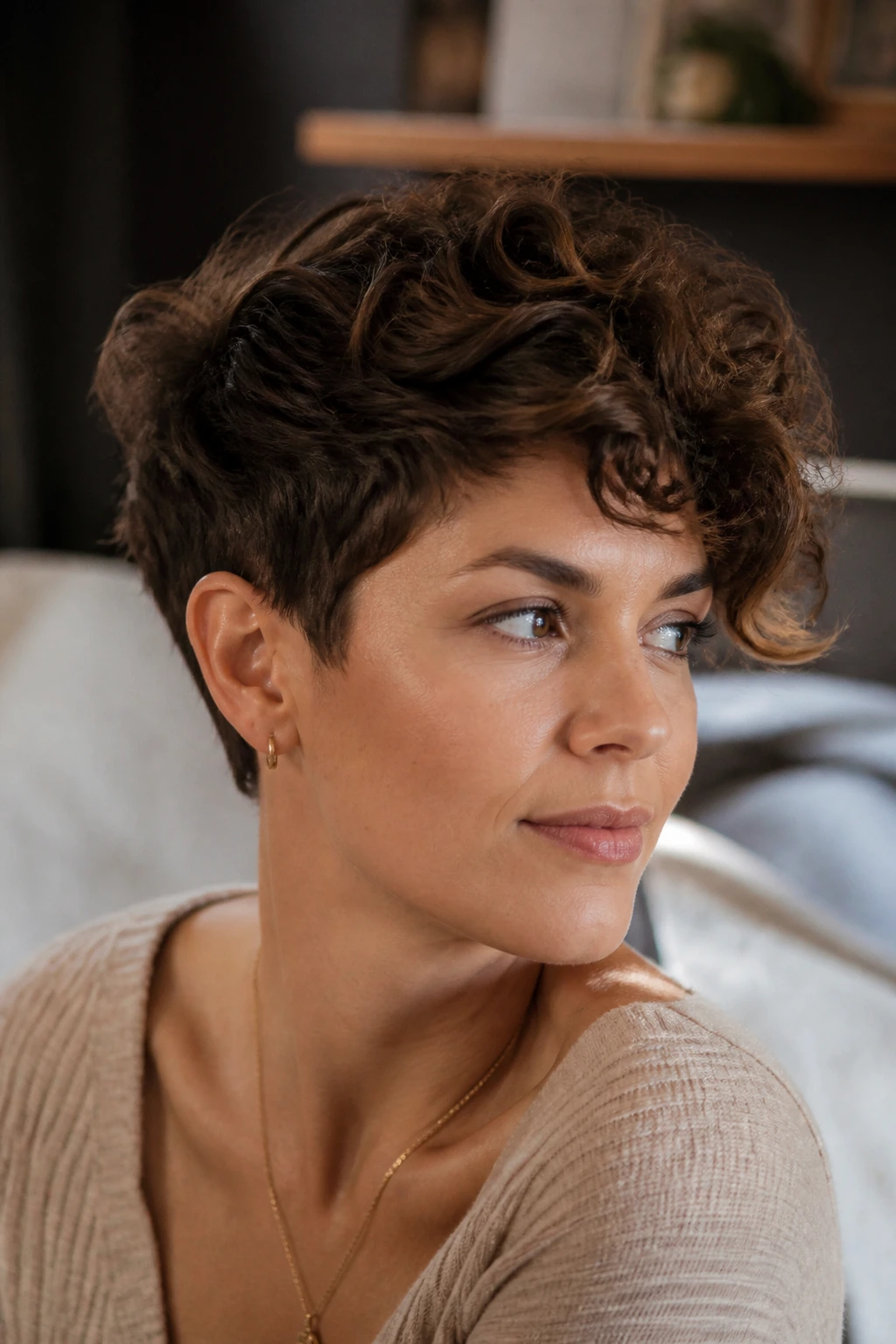 Woman with curl-first pixie showing defined curls and a longer top.