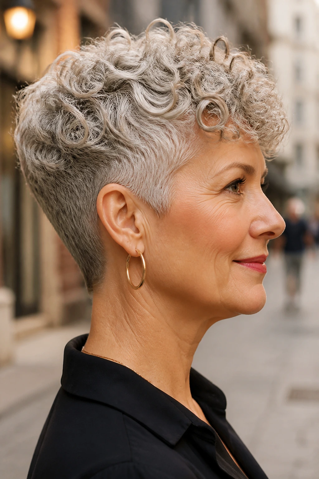 Close-up portrait of a woman with a long-top curly pixie and tapered nape in urban daylight.