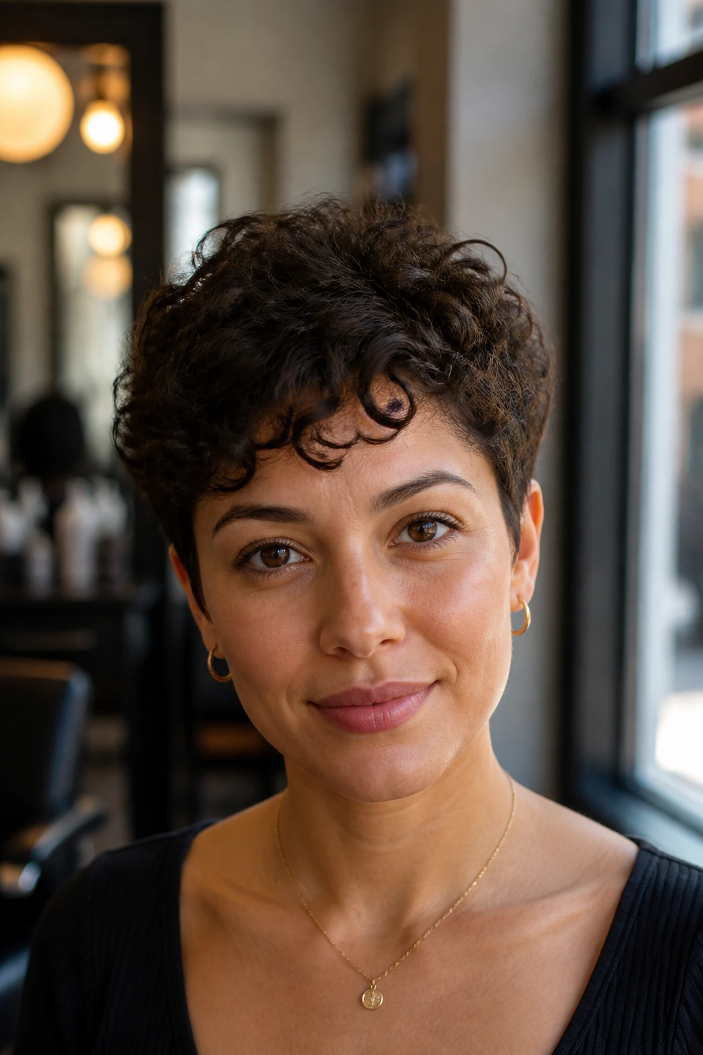 Close-up portrait of a real woman with a curly pixie cut in a sunlit salon