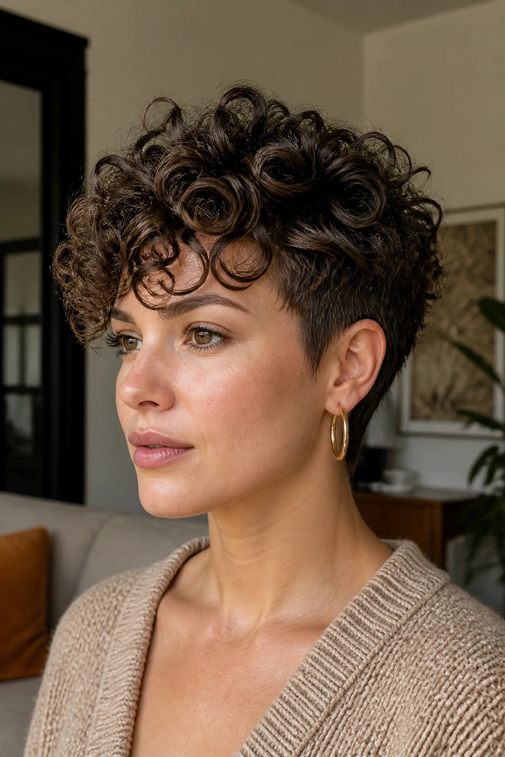 Close-up portrait of a real woman with a structured curly pixie showing curl stacking and silhouette