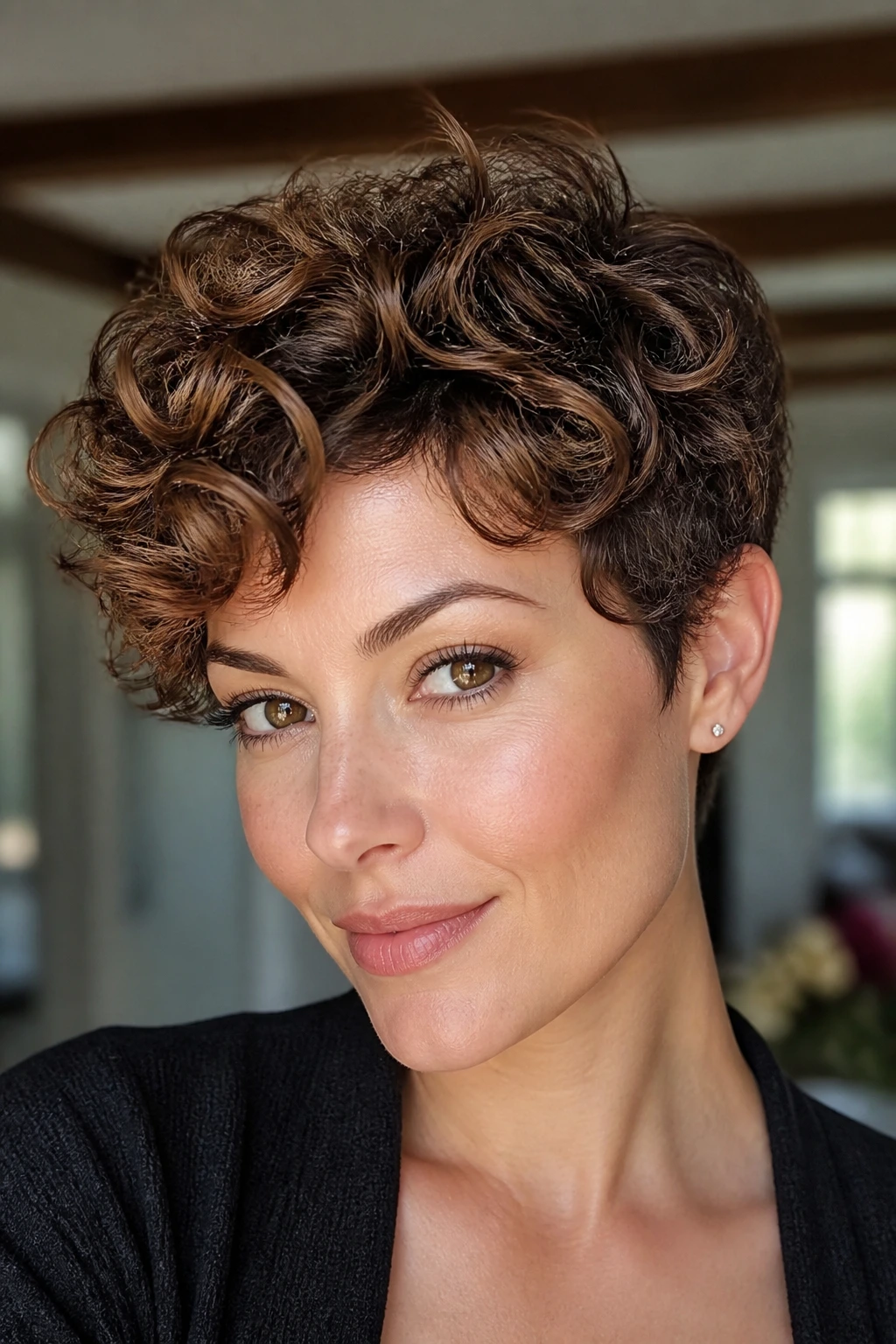 Real woman with glossy curly pixie cut showing lift at crown