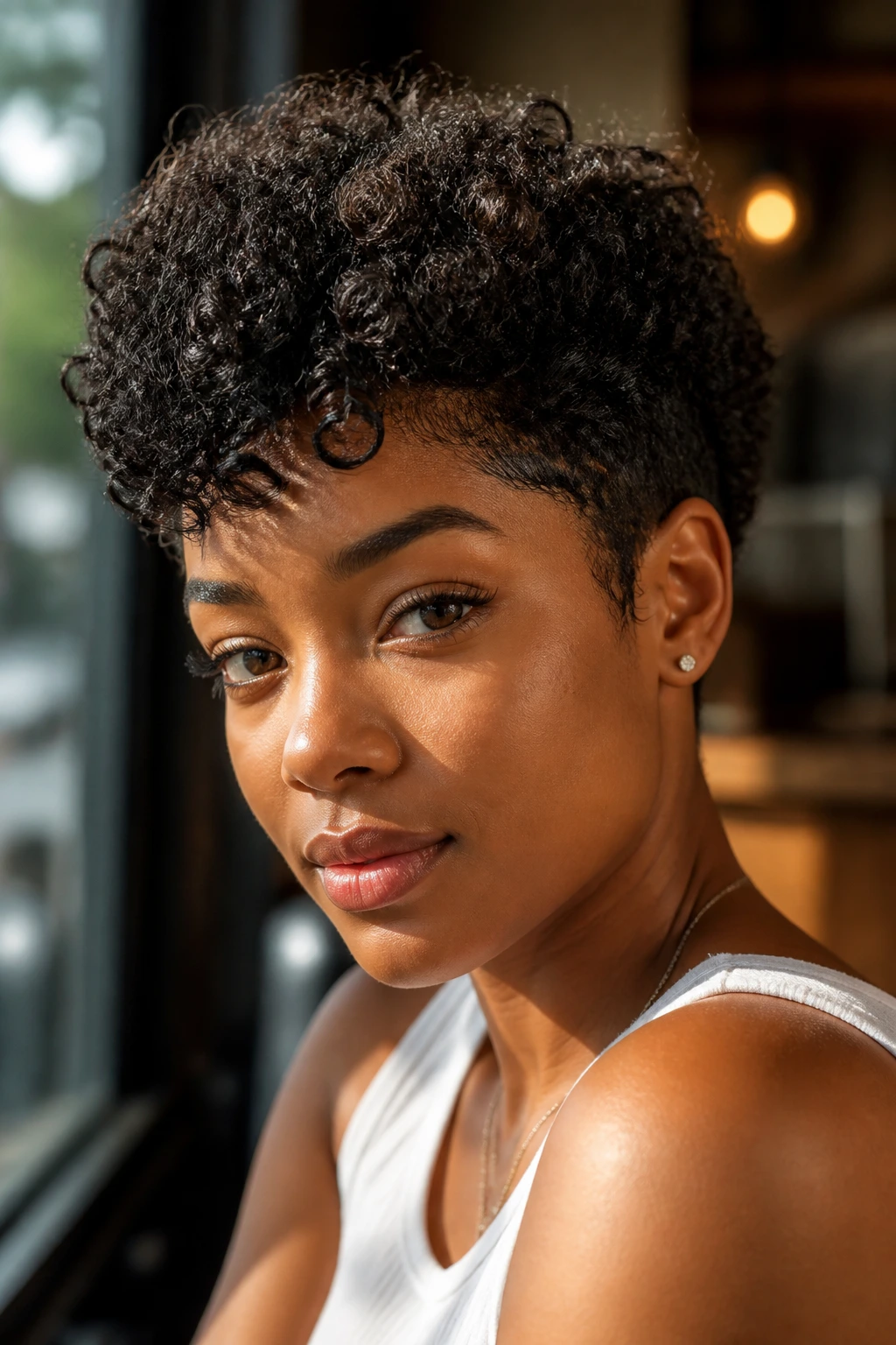 Close-up of a real person with a pixie haircut and curly top texture