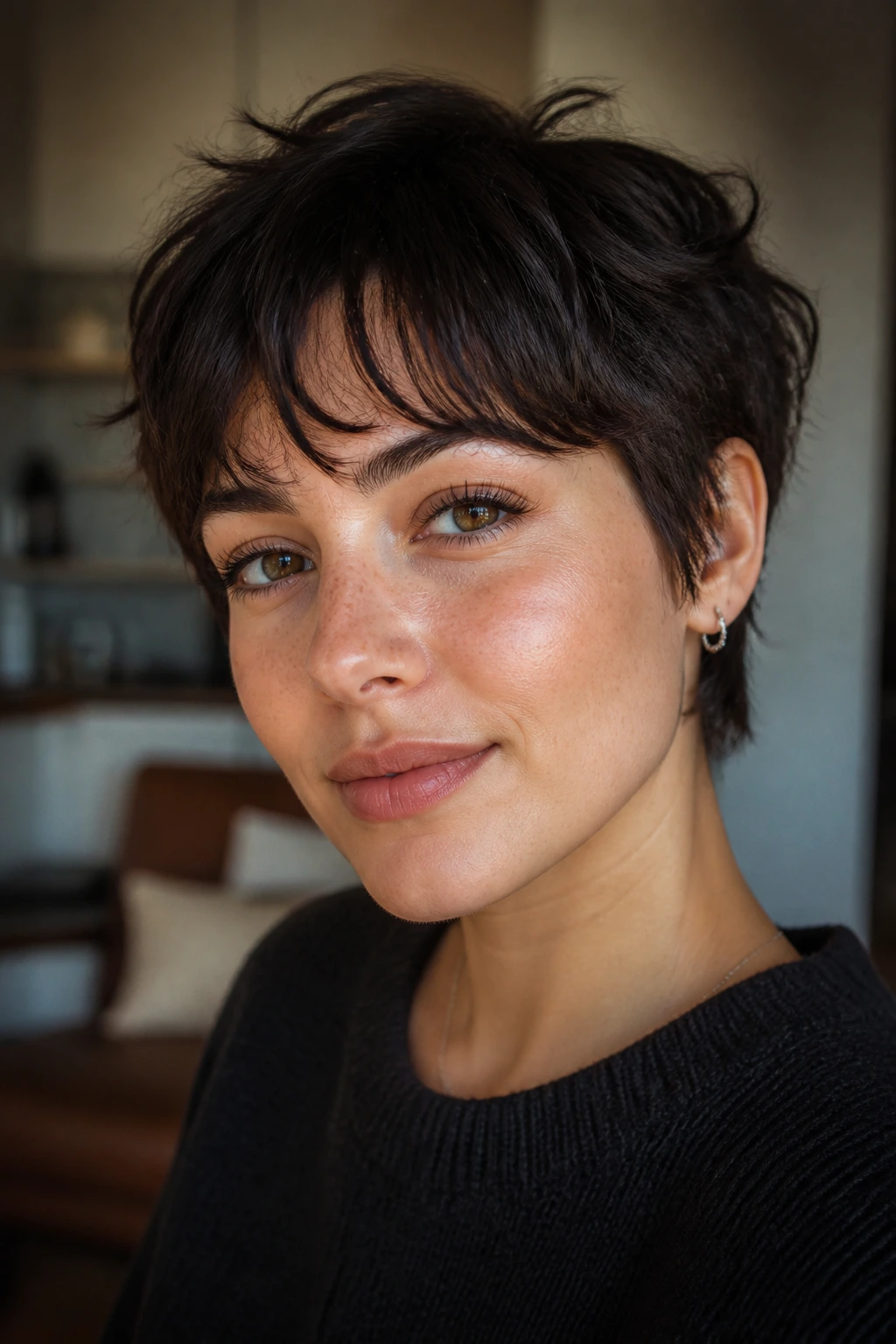 Portrait of a woman with a tousled pixie and mini curtain bangs in indoor light