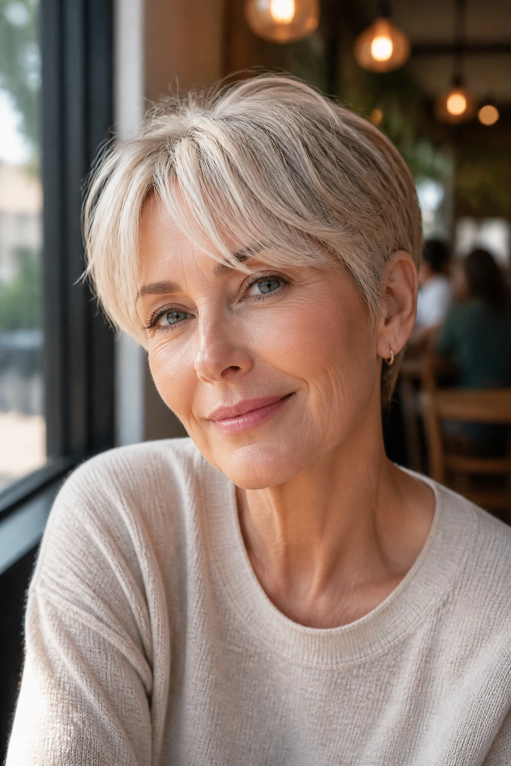 Real woman with curtain fringe pixie splitting softly toward center