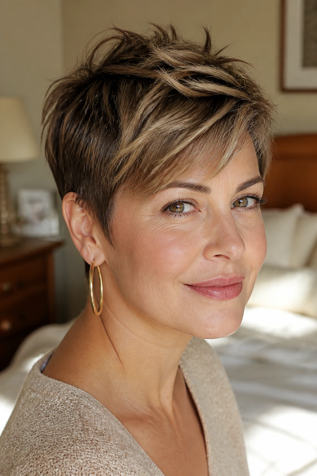 Close-up portrait of a real woman with a tapered pixie cut showing crown height and movement