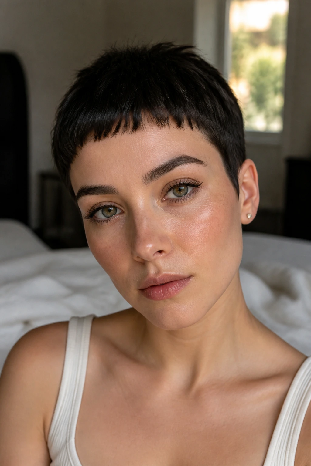 Close-up portrait of a real person with micro pixie and baby bangs under natural window light