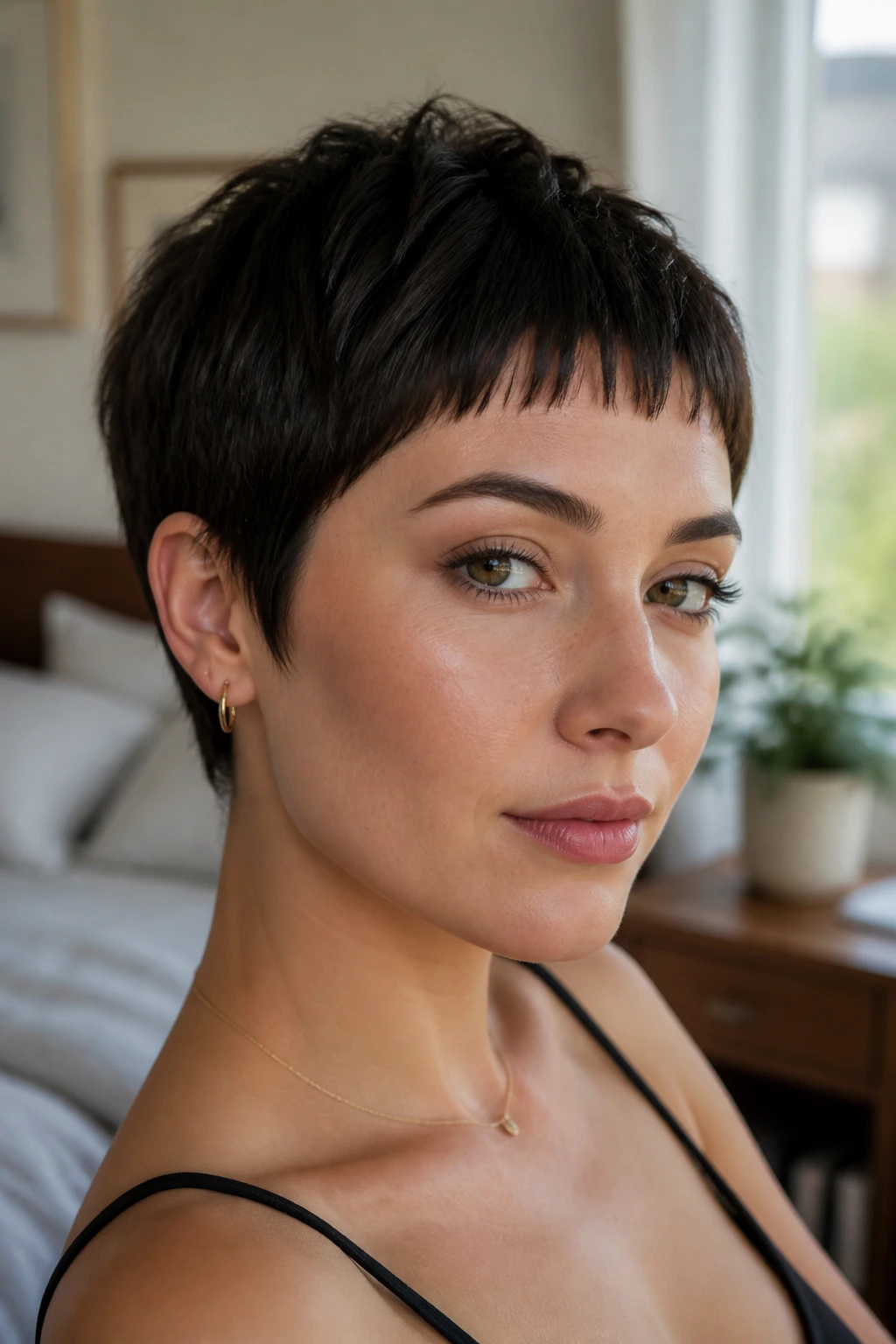 Close-up portrait of a woman with baby-bang pixie and fringe above the eyebrows.