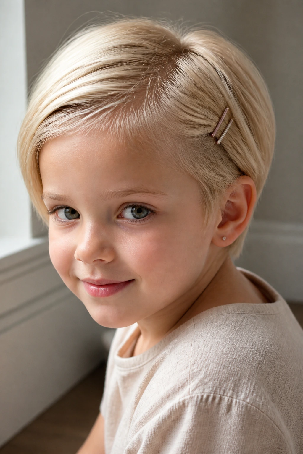 Real child with pixie cut and tucked barrettes