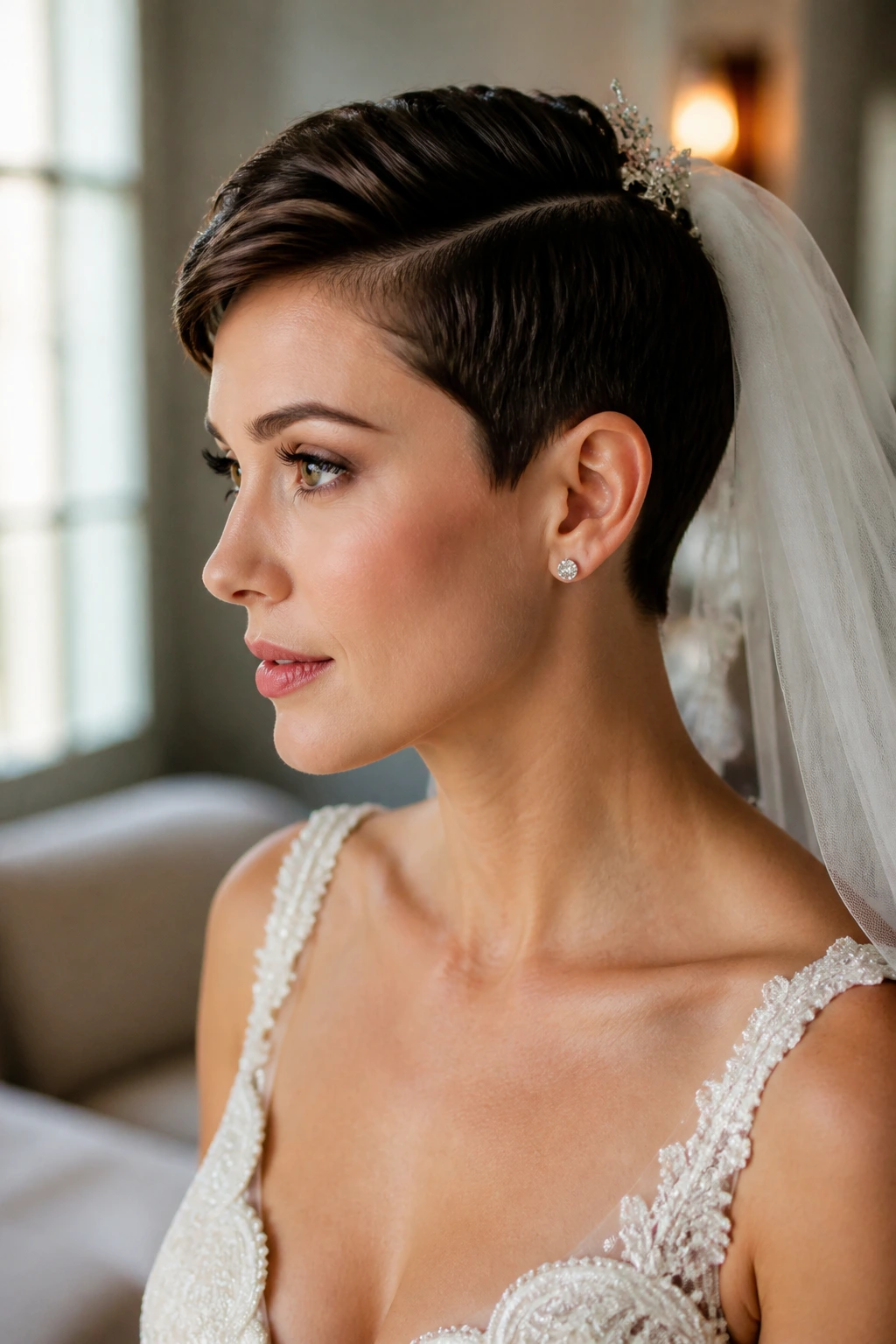 Close-up of a real bride with a sleek pixie cut, bridal makeup, soft window light